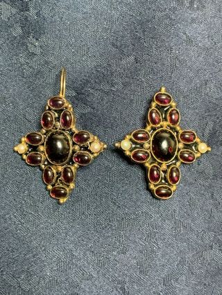 Antique Chinese Sterling Silver Earrings With Garnet Cabochons And Small Pearls