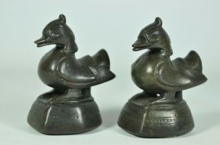 Pair Fine Old Chinese Burmese Opium Weight Bronze Bird Scholar Art