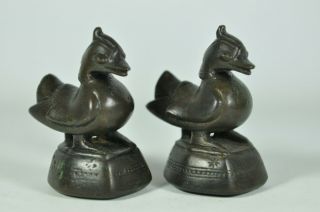 Pair Fine Old Chinese Burmese Opium Weight Bronze Bird Scholar Art 3