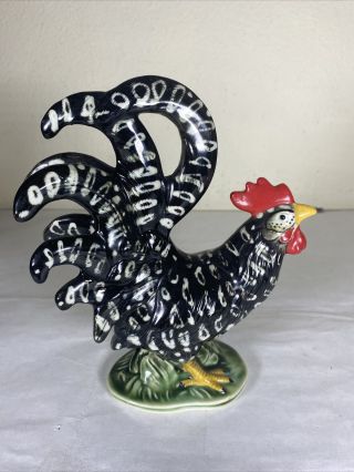 Vintage 1940s? Rooster Ceramic Figurine,  Hand Painted Black And White Red Green