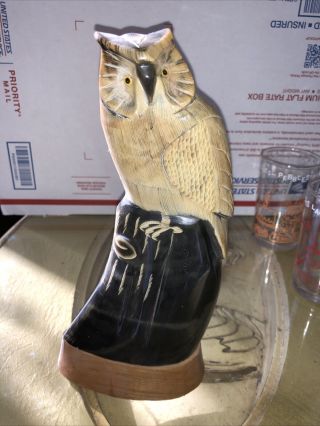 Vintage Hand Carved Buffalo Horn Owl Carving Sculpture On Wood Signed Amarin