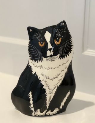 Cats By Nina Tuxedo Black & White Flower 8 " Vase Signed
