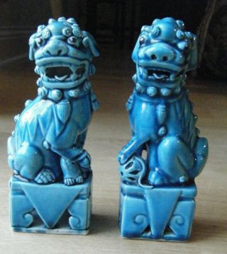 Pair Vintage Chinese Turquoise Blue Glazed Ceramic Foo Dog Figurines 6.  5”