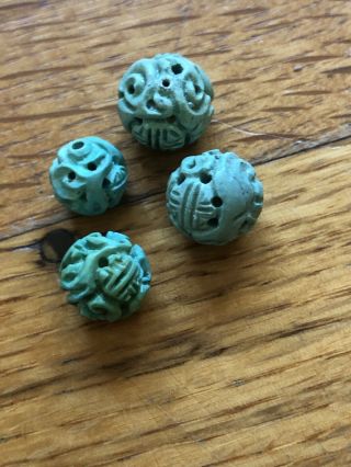 4 Vintage Old Stock Carved Chinese Turquoise Shou Beads 10mm