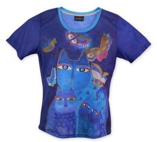 Laurel Burch T - Shirt Tee Top Indigo Cats Butterfly Kitten Size M Clothes Blue