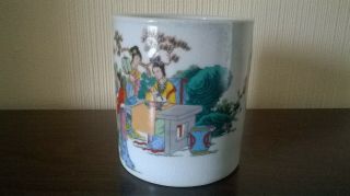 Chinese Porcelain Brush Pot Figural & Calligraphy Famille Rose/Verte Signed 2