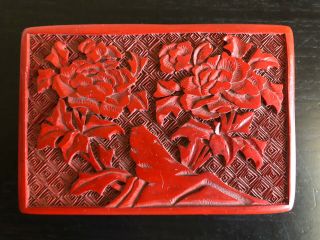 VTG Antique Chinese Carved Red Cinnabar Lacquer Jewelry Snuff Box Peony Flowers 2