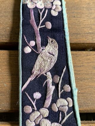 Antique Pair Chinese Silk Embroidered Robe Sash Flowers & Birds Tassels 2
