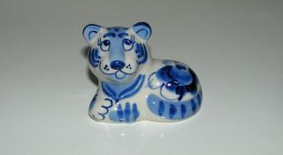 Vintage Ussr Gzhel Hand Painted Porcelain Figurine Tiger / Tiger Cub