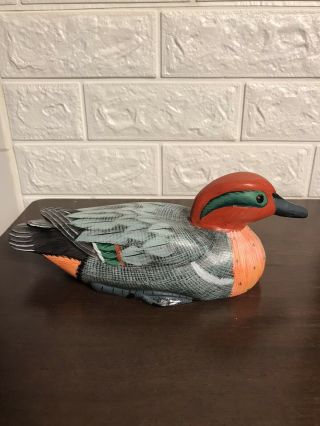Vintage Wood Carved & Painted Teal Duck Decoy With Glass Eyes Solid