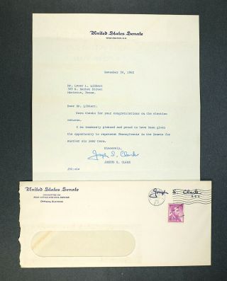 1962 Joseph S Clark U.  S.  Senator Signed Letter & Envelope Political Pennsylvania