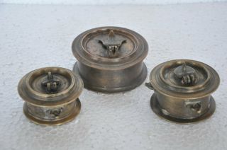 3 Pc Old Brass Handcrafted Unique Shape Solid Inkpot / Well,  Rich Patina