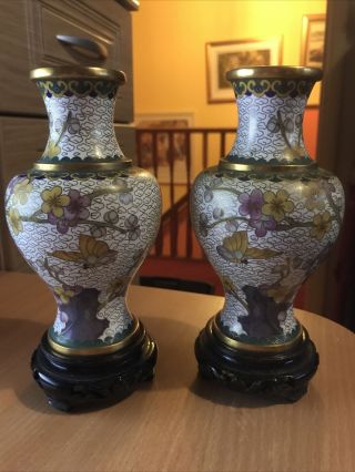 Vintagepair Chinese - Jingfa Cloisonné Vases With Stands Yellow & Pink Blossoms