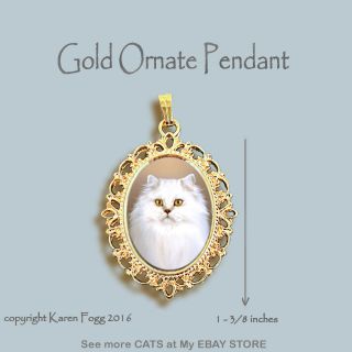 Persian White Longhair Cat - Ornate Gold Pendant Necklace