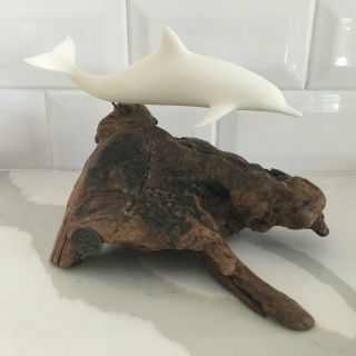 Vintage John Perry White Dolphin Resin / Burl Wood Sculpture