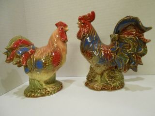 Ceramic Hen And Rooster Set - Colorful Blue,  Burgundy,  And Rust Colors - Heavy