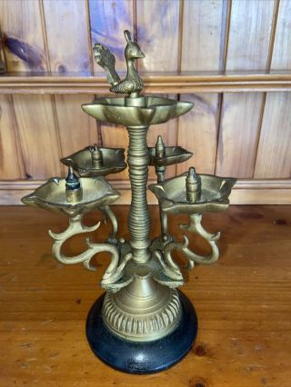Antique Old Vintage Brass Oil Lamp Burner Hindu Indian Multi Branch 10.  5 “ Tall