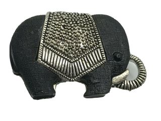 Black,  Silver Tone Elephant Brooch Pin Trunk Turned Up 2 " Long A5