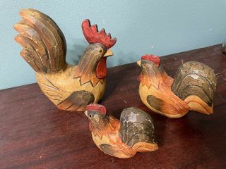 Set Of 3 Wooden Hand Carved Painted Rooster & Chickens Country Farmhouse Vintage