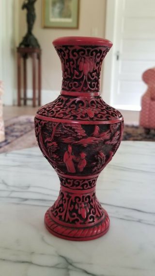 Vintage Chinese Carved /molded Red Lacquerware Cinnabar Vase 