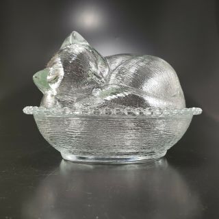 Vintage Indiana Glass Sleeping Kitten In Basket Covered Dish