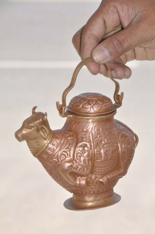 Old Copper Inlay Engraved Cow/nandi Shape Handcrafted Holy Water Pot