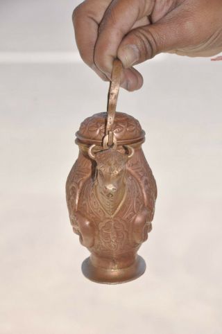 Old Copper Inlay Engraved Cow/Nandi Shape Handcrafted Holy Water Pot 2