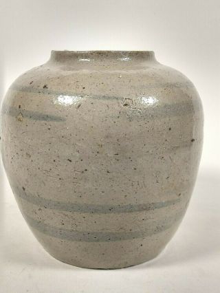 Antique Chinese Stoneware Large Grey Ginger Jar With Makers Mark & Blue Lines