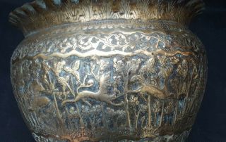 Antique Indian repoussé brass planter,  jardiniere Depicts Hunting & Worship 2