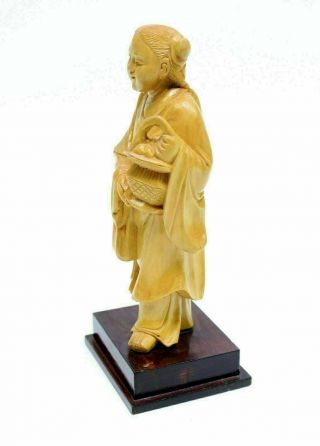 Vintage Chinese Cultural Revolution Carved Boxwood Figure Girl Carrying Basket 3