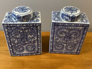 SET OF 2 Vintage Chinese Blue & White Porcelain Tea Jars Caddy w Lids 3
