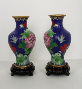 Vintage Chinese Porcelain Vases Blue Flower Oriental Cloisonne W/ Wooden Stands