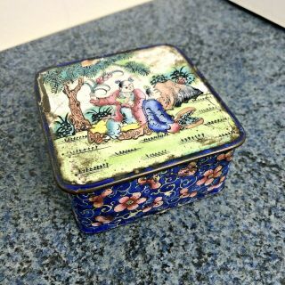 Vintage Antique Hand Painted Chinese Enamel On Copper Square Box Old