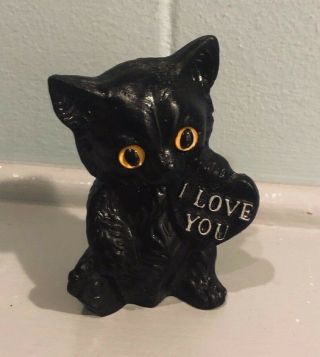 1/4 " Vintage Resin Black Cat Kitten I Love You Heart Eyes Vgc
