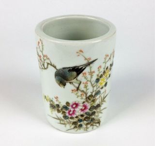 Antique Chinese Hand Painted Brush Pot - Signed Enamelled Bird Flowers Vintage
