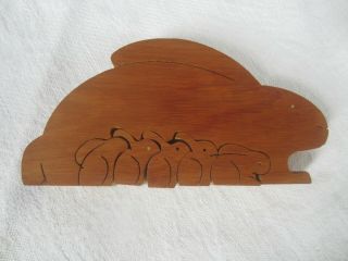 Vintage Wooden Bunny Rabbit With 5 Baby Bunnies Hand Carved