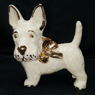 Scottie Terrier Scotty Dog Figurine Gold Bow Vintage Porcelain White