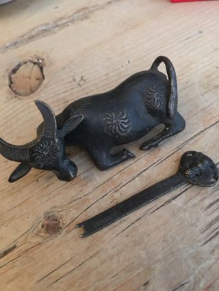 Old Vintage Antique Bronze Cow Chinese Asian Padlock With Key