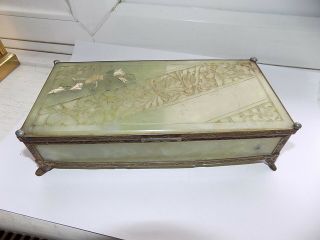 Vintage Chinese Gilt Metal Carved Jade / Hardstone Lidded Box 19 Cm Long