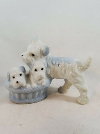 Porcelain Westie Dog With Puppys In Basket Figurine