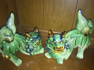 Vintage Large Chinese Ceramic Foo Dragon Dog Statues Green Blue Brown