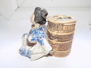 Antique Japanese Pottery Nodder Bobble Head Figure Lady& Woven Lidded Basket