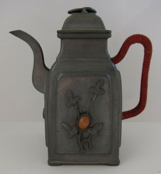 Vintage Chinese Pewter Teapot With Inset Jade Agate Hardstones - Hallmarked