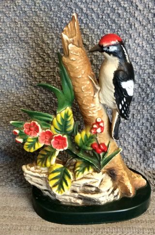Vintage Red Headed Woodpecker On Branch Plastic Figurine Hong Kong Red Flowers