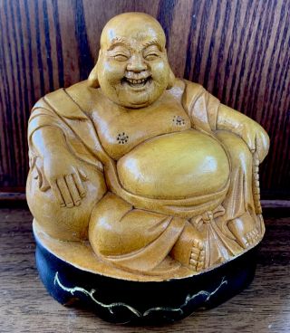 5 " Happy Laughing Buddha Wood Hand - Carved Wooden Figure Chinese Asian Statue