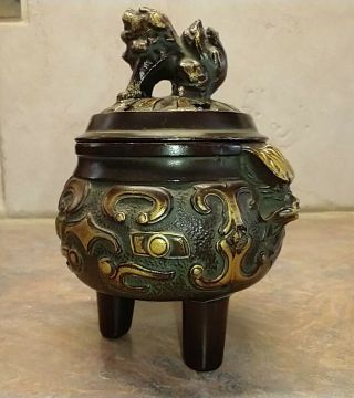 Vintage Chinese Japanese Bronze Brass Green Incense Burner Censer With Lid 3 Leg