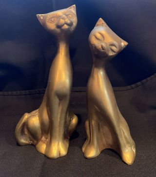 Vintage Solid Brass Siamese Cat Figurines Statues Mid Century Modern