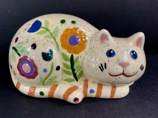 Vintage Ceramic Hand Painted Flower Kitty Cat Made In Usa