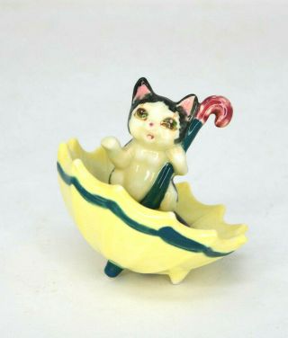 Cute Vintage Ceramic Black And White Cat Kitten In Yellow Umbrella