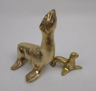 Solid Brass Vintage Seal Sea Lion Figurines Adult Mother 5 " Child Baby